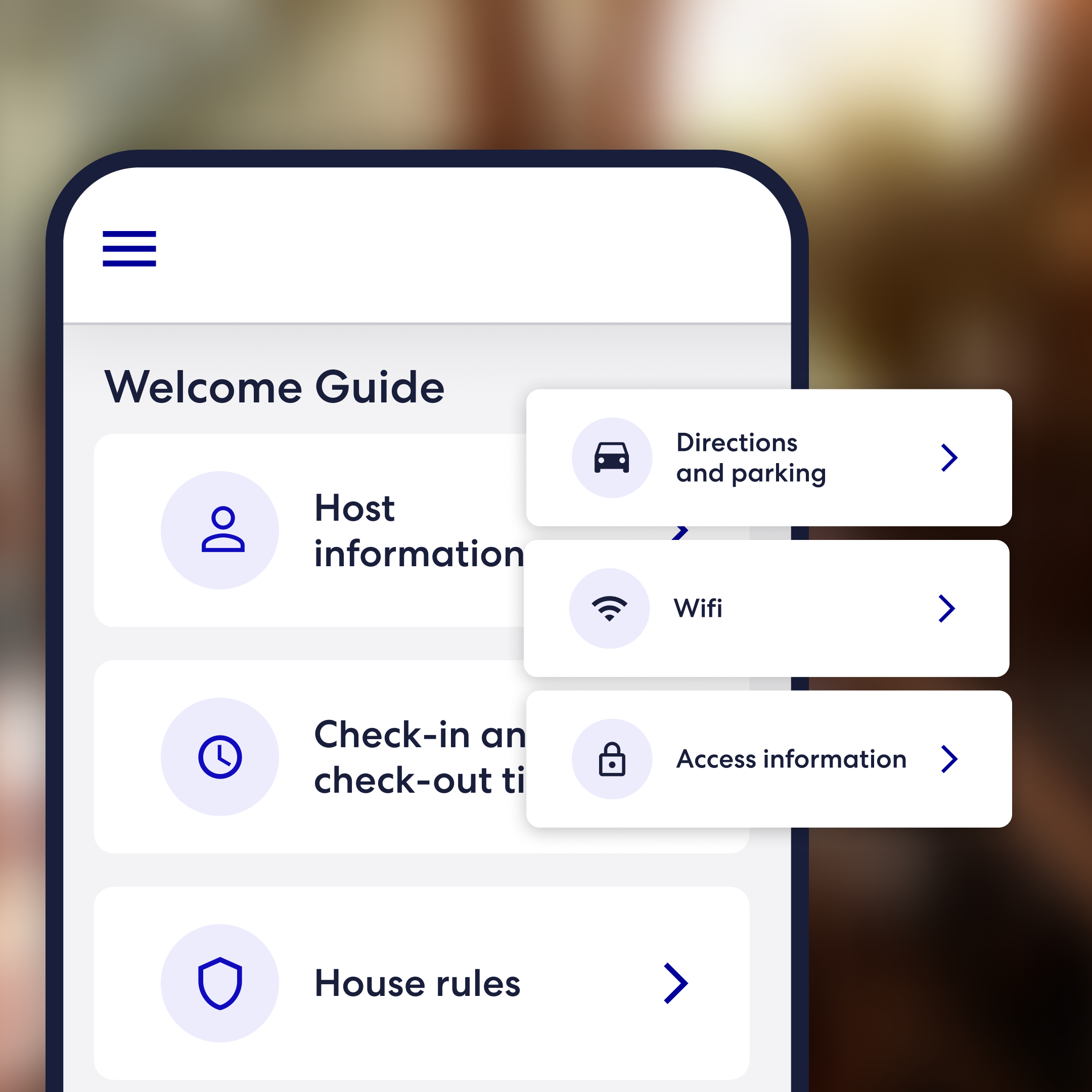 Smartphone displaying the Vrbo Welcome Guide for guests. The main menu lists Host information, Check-in and check-out times, and House rules. A floating overlay on the right provides shortcuts to Directions and parking, Wi-Fi, and Access information — each with a forward arrow for easy navigation.