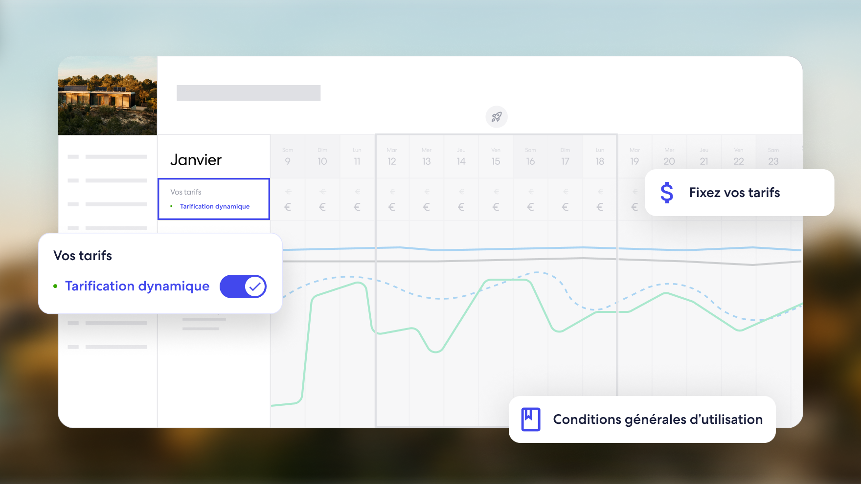 Interface numérique montrant un calendrier avec la fonction de tarification dynamique activée pour le mois de janvier. Les éléments flottants de l’interface utilisateur mettent en évidence les options permettant de définir les tarifs, d’afficher les conditions générales et de basculer vers la tarification dynamique, avec un graphique superposé indiquant les tendances en matière de tarifs.