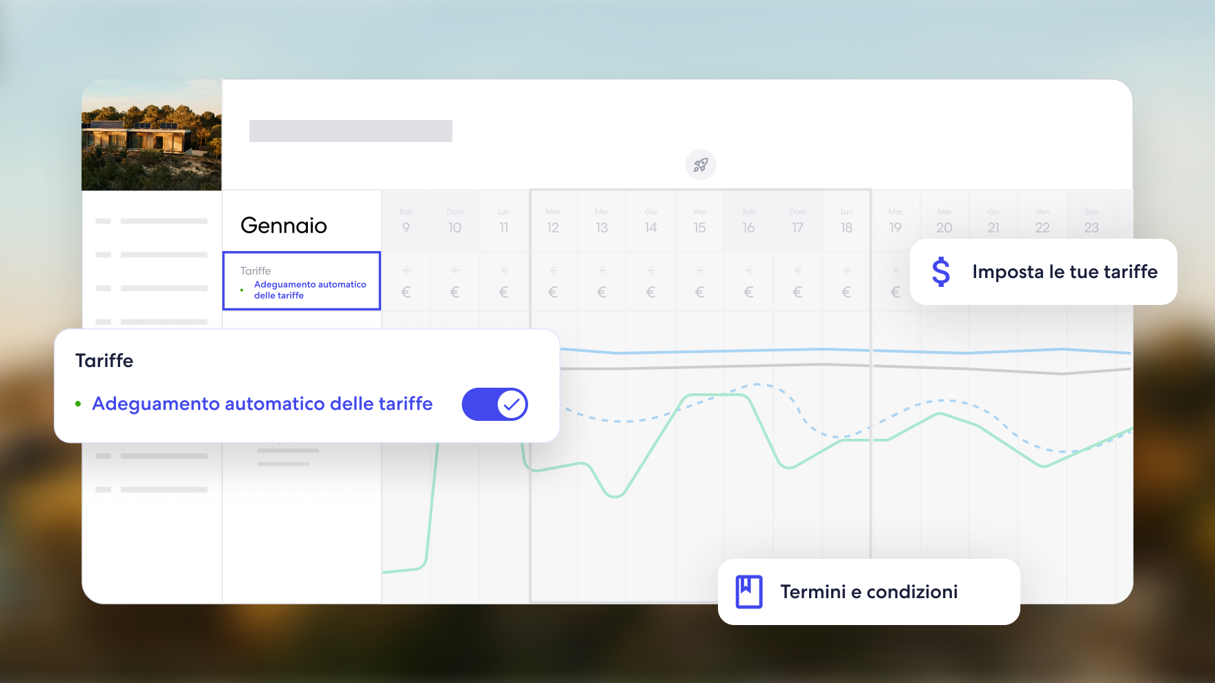 Un'interfaccia digitale che mostra un calendario con la funzione "Adeguamento automatico delle tariffe" attivata per il mese di gennaio. Alcuni elementi dell'interfaccia utente in rilievo evidenziano le opzioni per impostare le tariffe, visualizzare i termini e le condizioni e attivare l'adeguamento automatico delle tariffe, con un grafico a linee che indica le tendenze di prezzo.