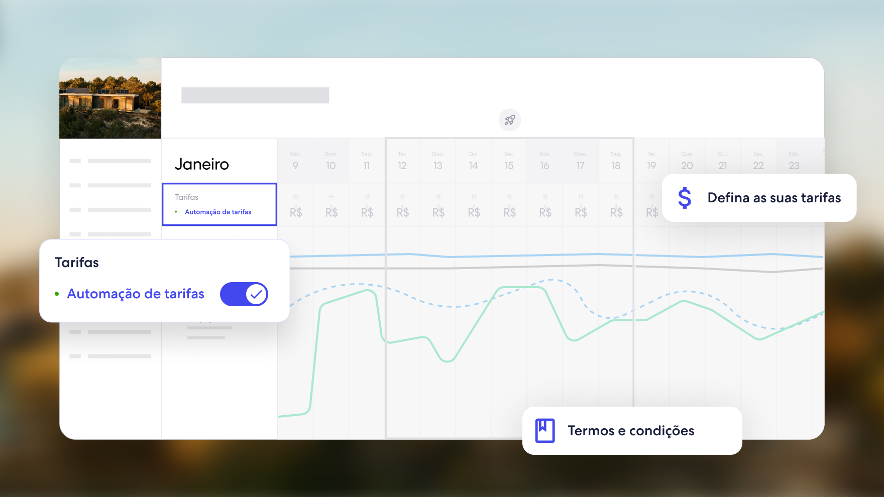 Uma interface digital que exibe uma visualização de calendário com o recurso "Automação de tarifas" ativado para janeiro. Elementos flutuantes da interface do usuário destacam opções para definir tarifas, visualizar termos e condições e ativar/desativar a automação de tarifas, com uma sobreposição de gráfico indicando as tendências de preços.
