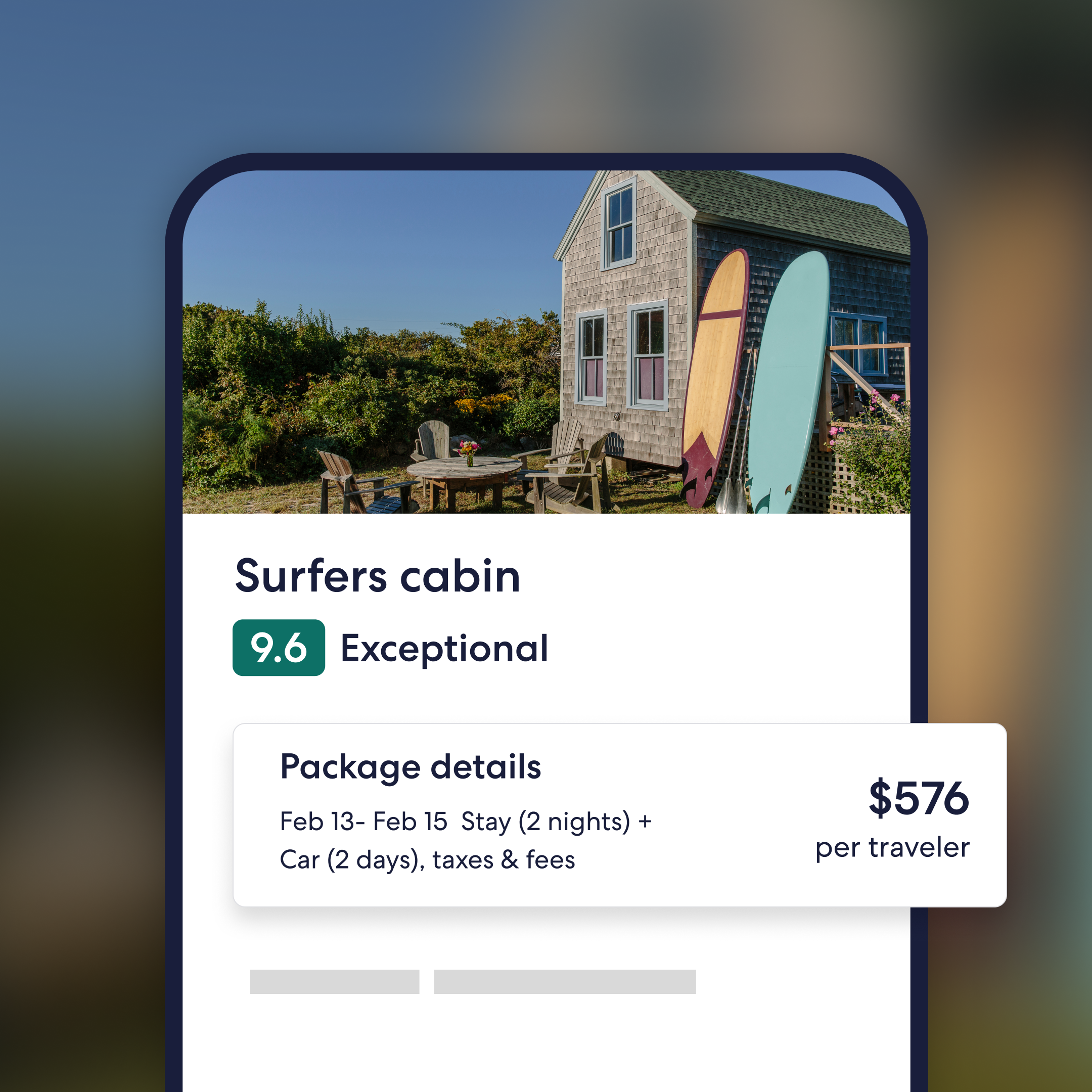Vrbo vacation package listing with stay and car rental bundle on mobile.