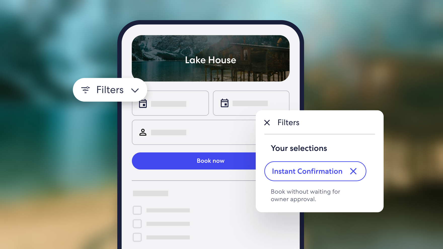 A product graphic showing how travellers can filter by the Instant Confirmation option when searching for a holiday home.