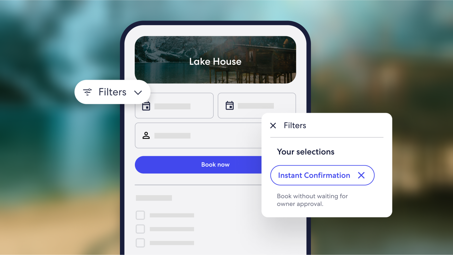A product graphic showing how travelers can filter by the Instant Confirmation option when searching for a vacation rental.
