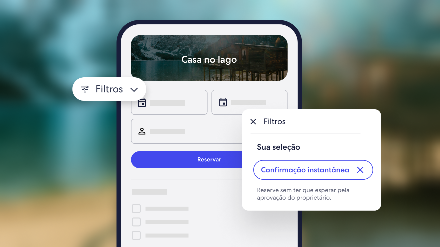 Gráfico de produto mostrando como viajantes podem filtrar pela opção com confirmação instantânea ao buscar um aluguel por temporada.