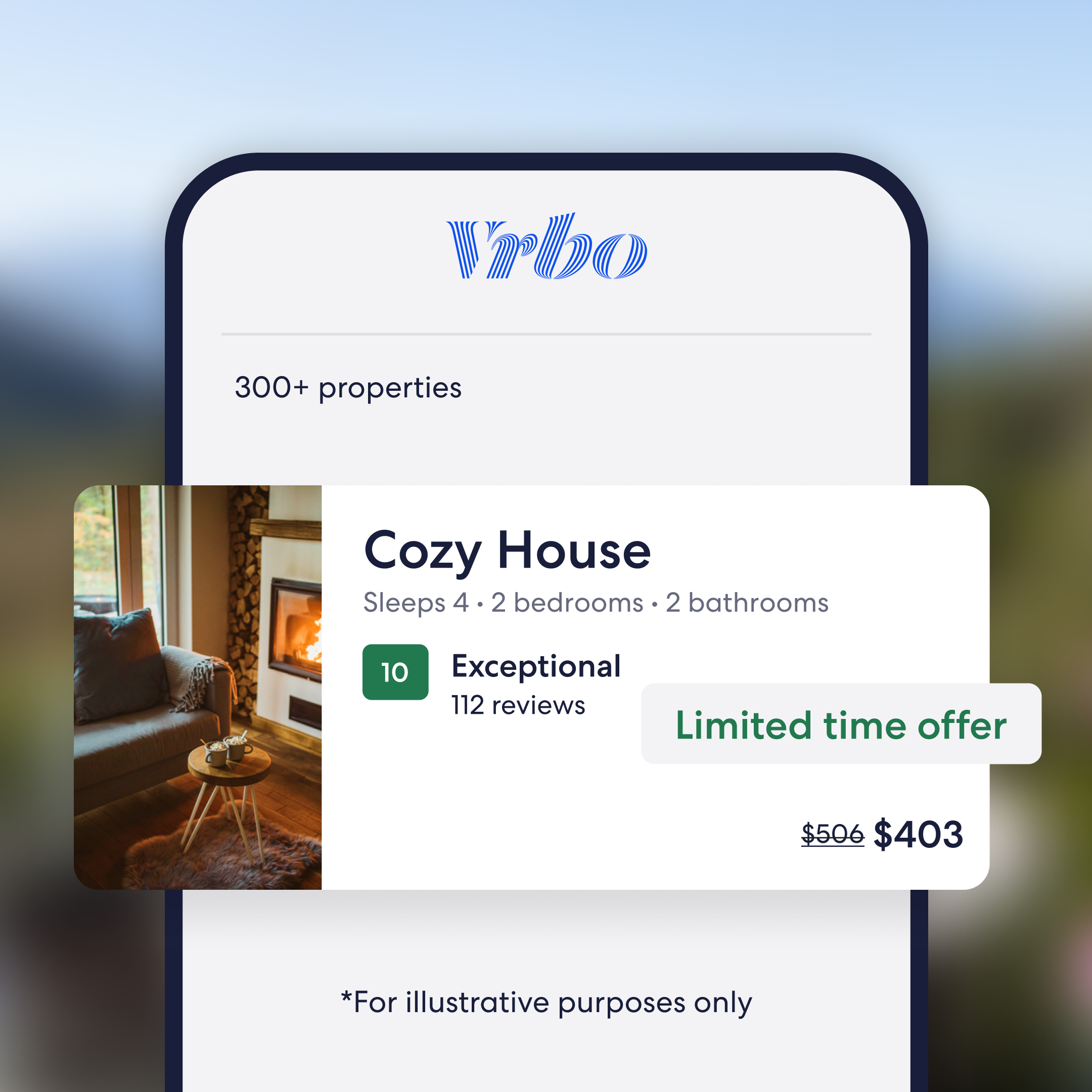 Vrbo mobile app showing 300+ properties with a featured listing for Cozy House — sleeps 4, rated Exceptional — on a limited time offer at $403, down from $506.