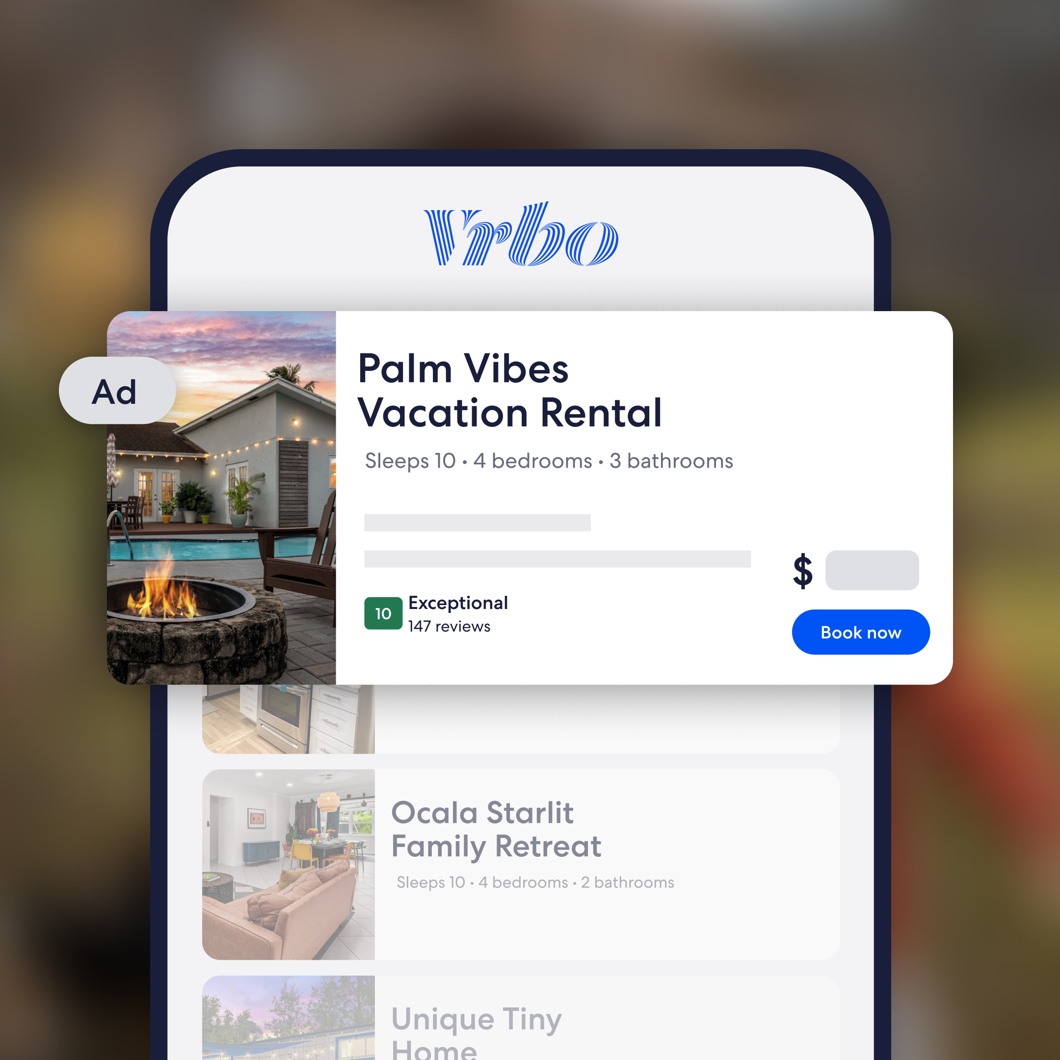 Vrbo app on a smartphone showing a featured listing for Palm Vibes Vacation Rental — sleeps 10, 4 bedrooms, 3 bathrooms — with a rating of 10 (Exceptional) from 147 reviews and a Book Now button. Additional listings appear below.
